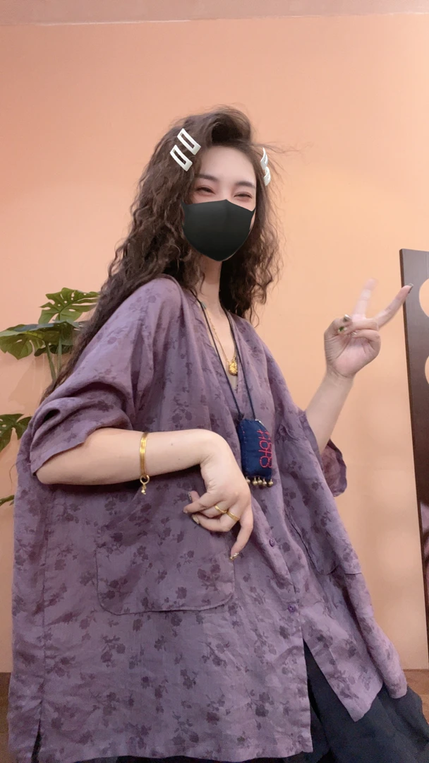 museguhui/木色古汇523#百搭休闲夏季复古宽松印花苎麻衫