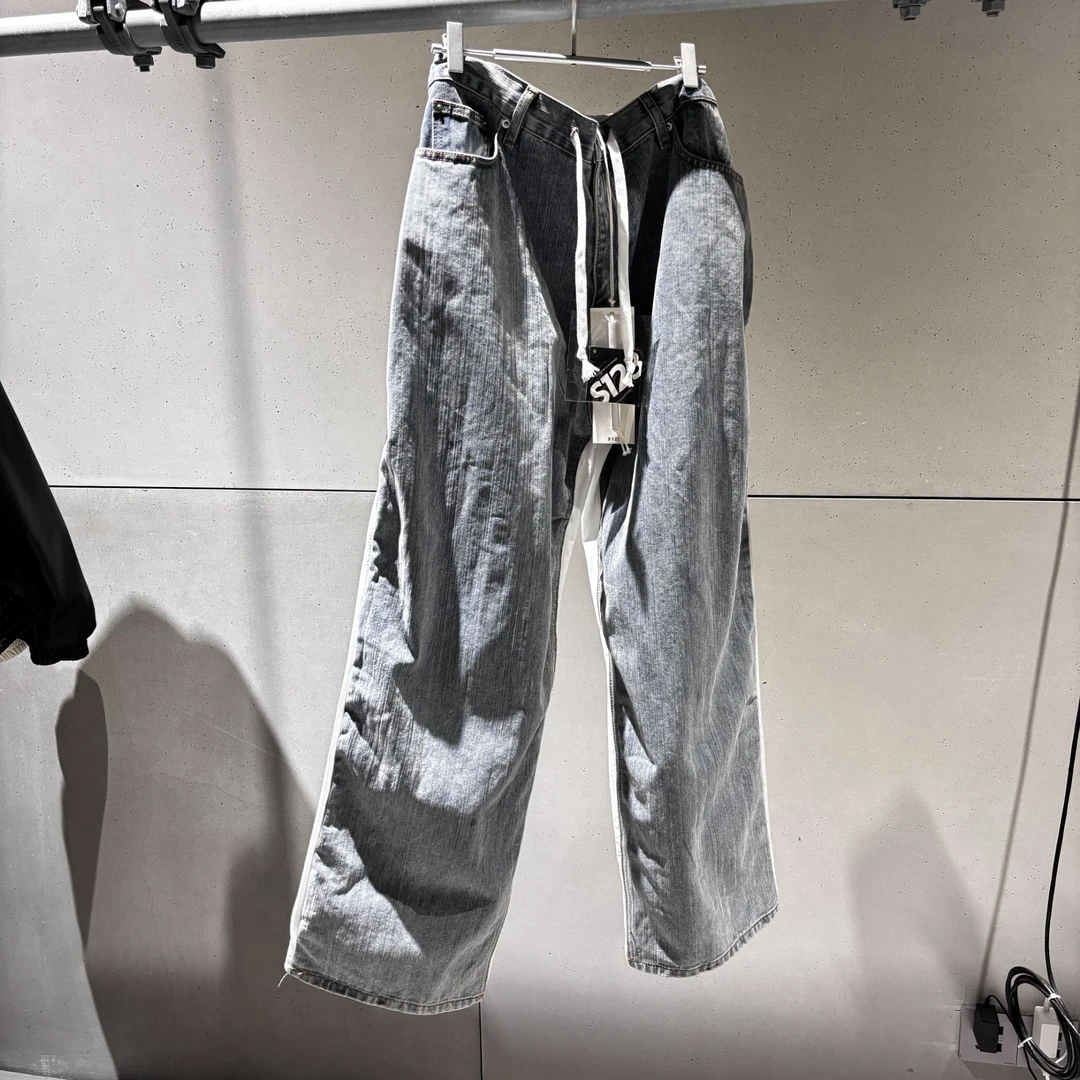 春夏新款重工拼接设计牛仔裤水洗宽松直筒抽绳长裤男潮牌4064