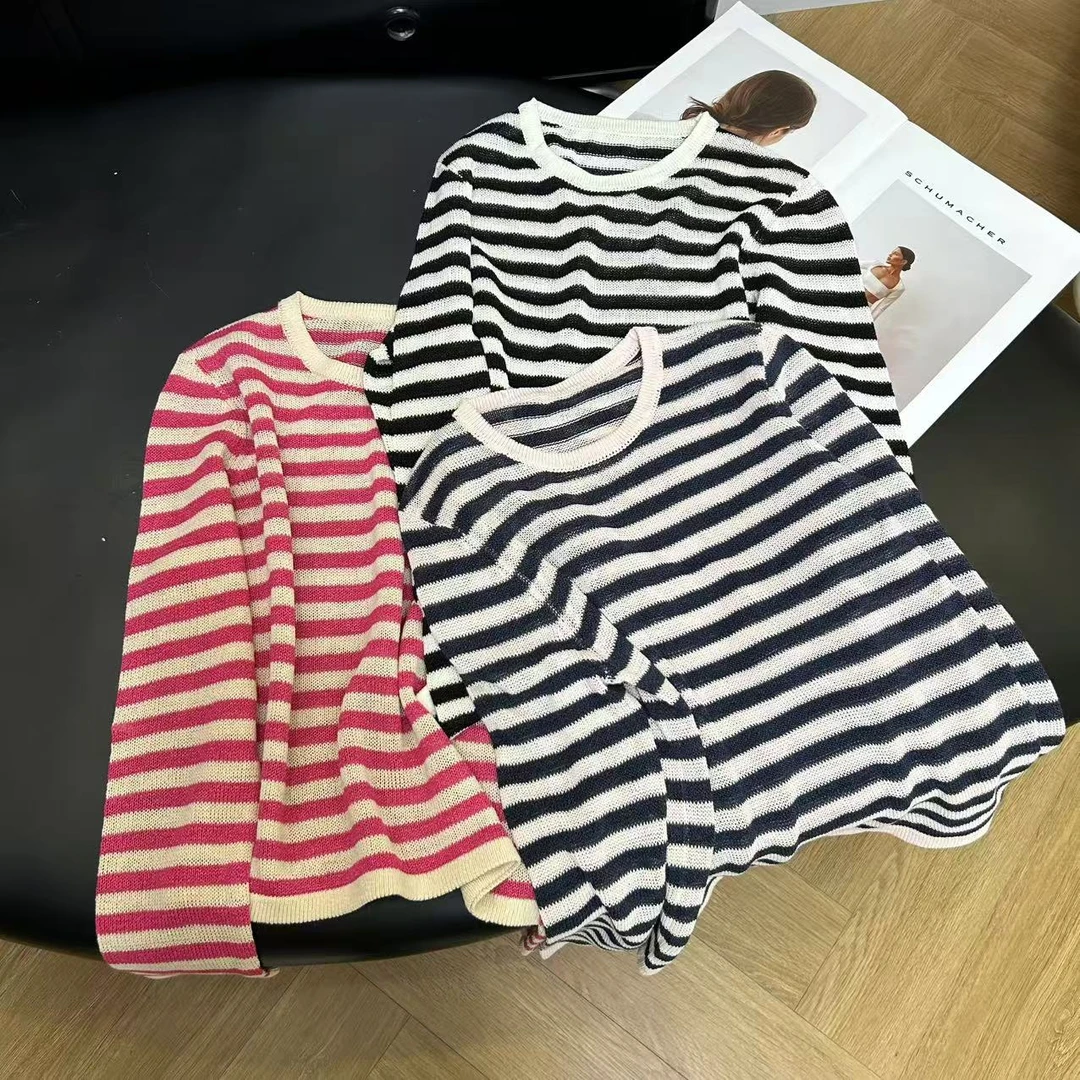 法式气质简约时尚气质百搭圆领条纹针织长袖H6420