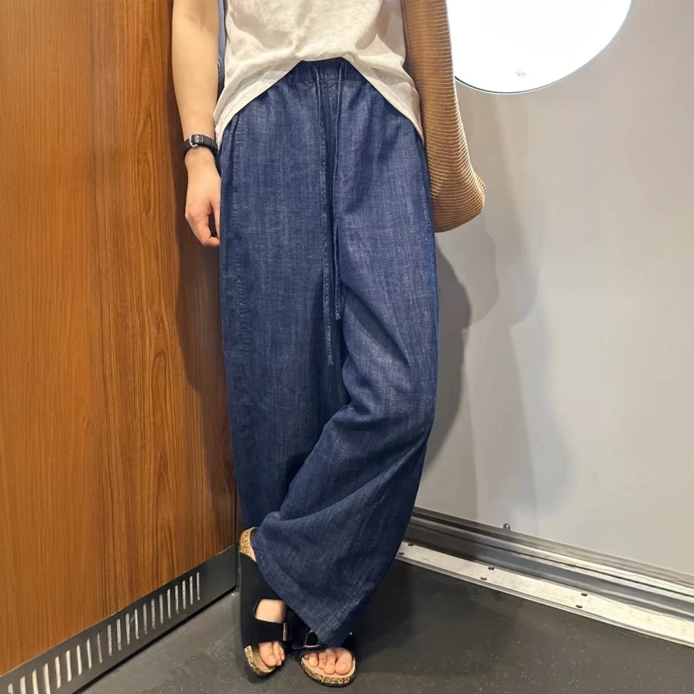 复古棉麻抽绳牛仔裤女夏新款胖mm日系宽松显瘦直筒九分阔腿奶奶裤