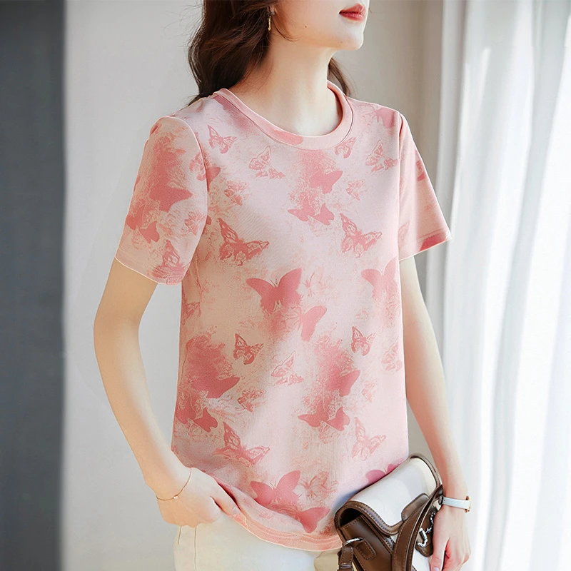 蝴蝶印花短袖t恤女装芳妮诗夏季新款时尚气质小衫大码设计感上衣