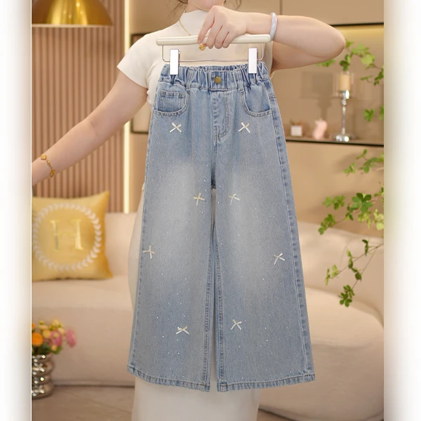 【闺蜜家】女童春季2025新款休闲百搭蝴蝶结直筒阔腿牛仔裤-8032