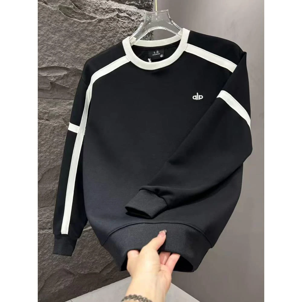 特大码300斤个性圆领条纹打底衫字母拼接圆领韩系卫衣男装T恤春秋