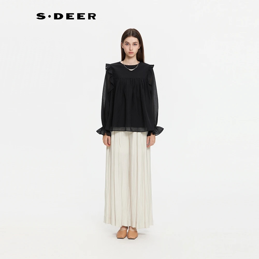 S·DEER圣迪奥女装秋季衬衣法式喇叭袖荷叶边衬衫上衣S253Z0522