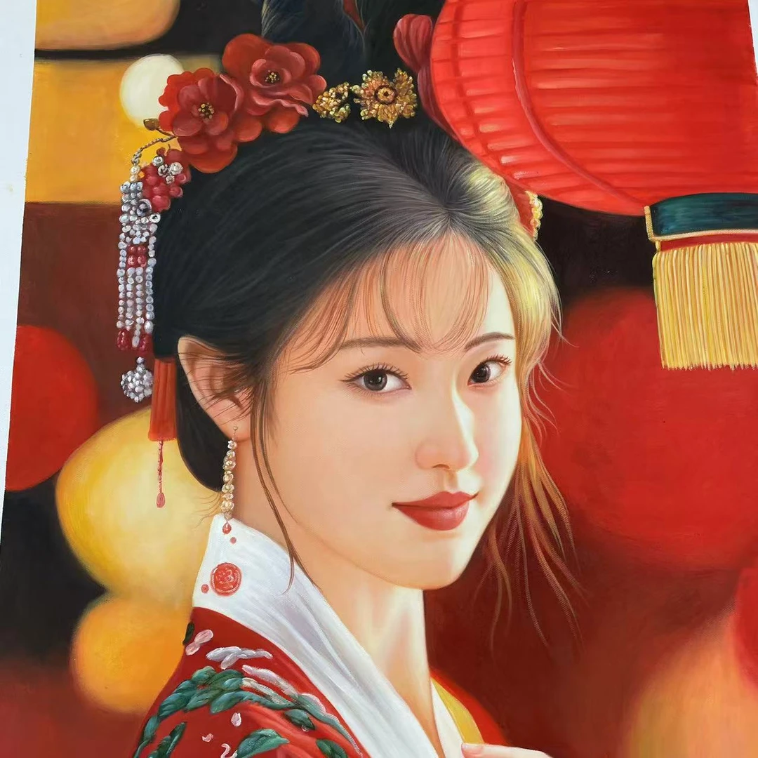 林彦新-***中国新娘 -灯笼-甜美 -约60*90厘米-手绘油画-麻布