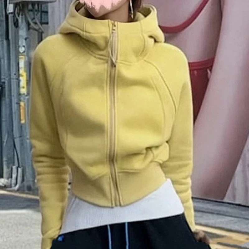 网红爆款韩版加绒加厚连帽显瘦短款超模卫衣外套女洋气减龄开衫