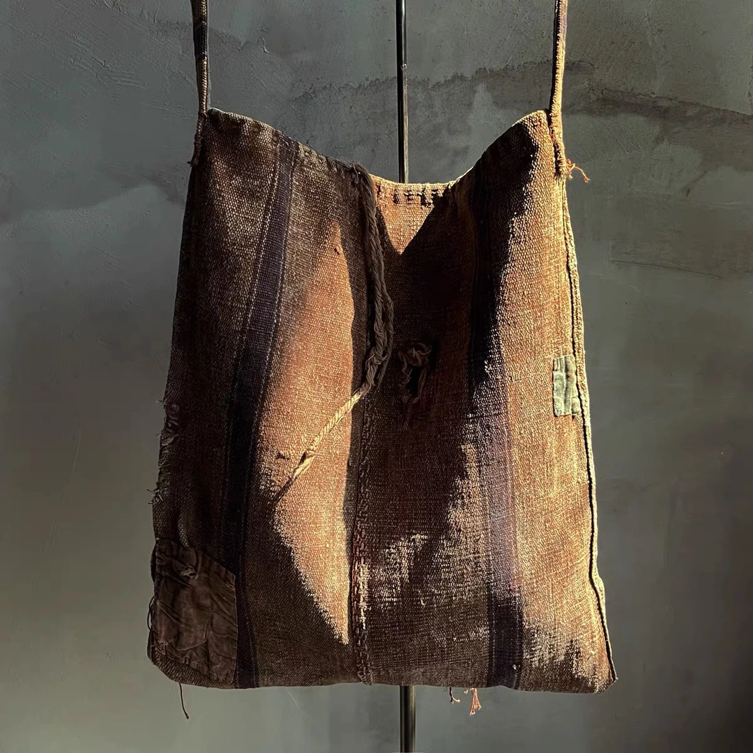 沉香布衣草堂自制 柿染单肩包斑驳破洞斜跨拼接随机大包无折