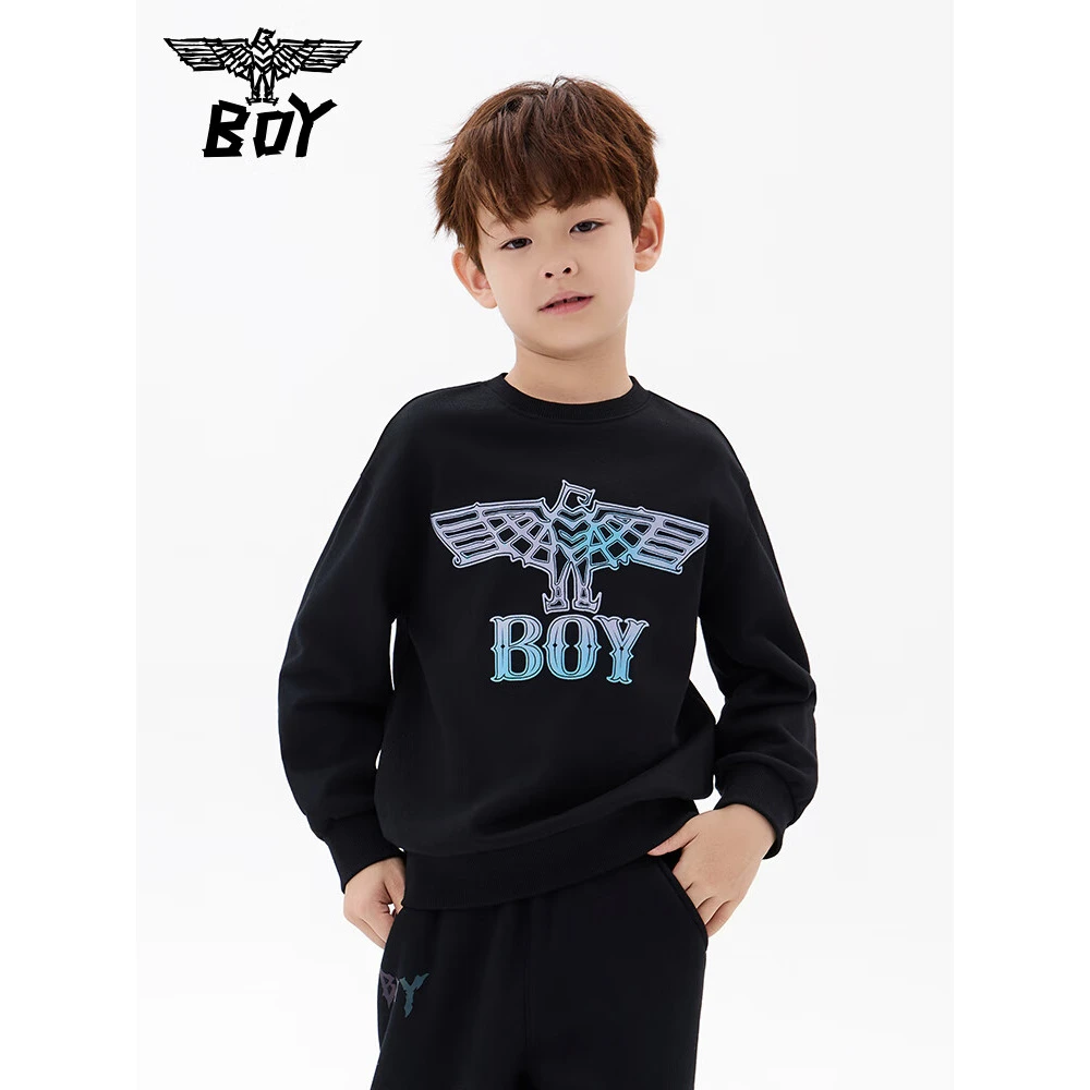 BOY JUNIOR潮牌 童装2025秋季圆领宽松卫衣logo印花休闲卫衣 黑色
