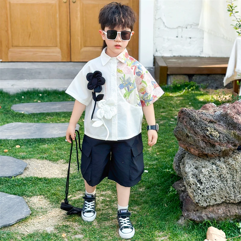 男童夏装短袖衬衫套装2025款夏装韩范儿童中式礼服男孩酷帅两件套