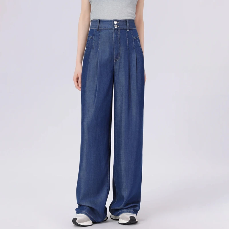商场同款女装秋季新款高腰显瘦双排扣直筒阔腿牛仔裤女5100578