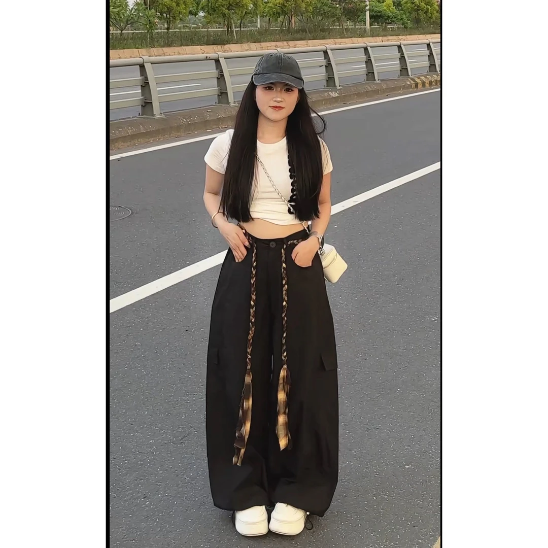 YOO[辣妹风]字母修身正肩上衣一欧货带粗绳工装弯刀两穿裤058一