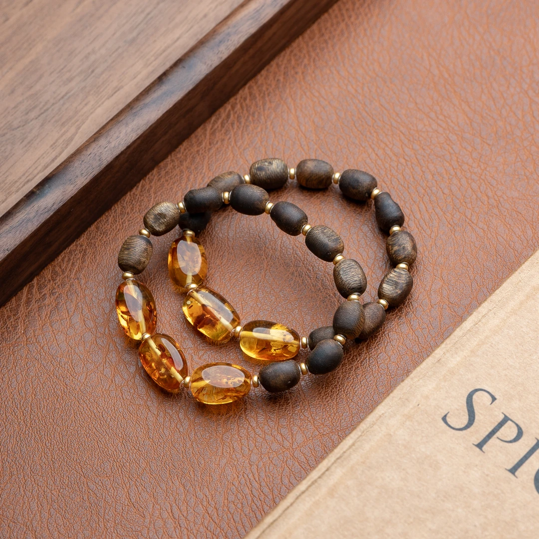 XIANYUAN/仙源 沉香莺歌绿奇楠随形单圈手串花珀多样性发其一