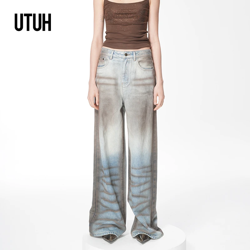 UTUH 蓝色复古做旧废土美学喷色牛仔长裤2025春夏新款 TDWWS1K050