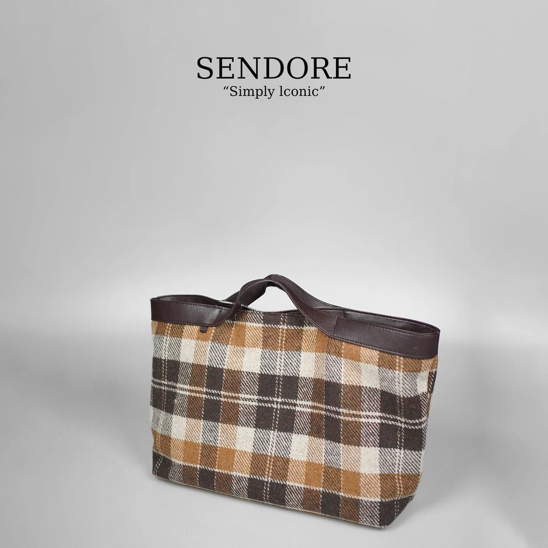 SENDORE 森岛/托特包 休闲风毛呢雪花绒棕色格纹手提包秋冬斜挎包