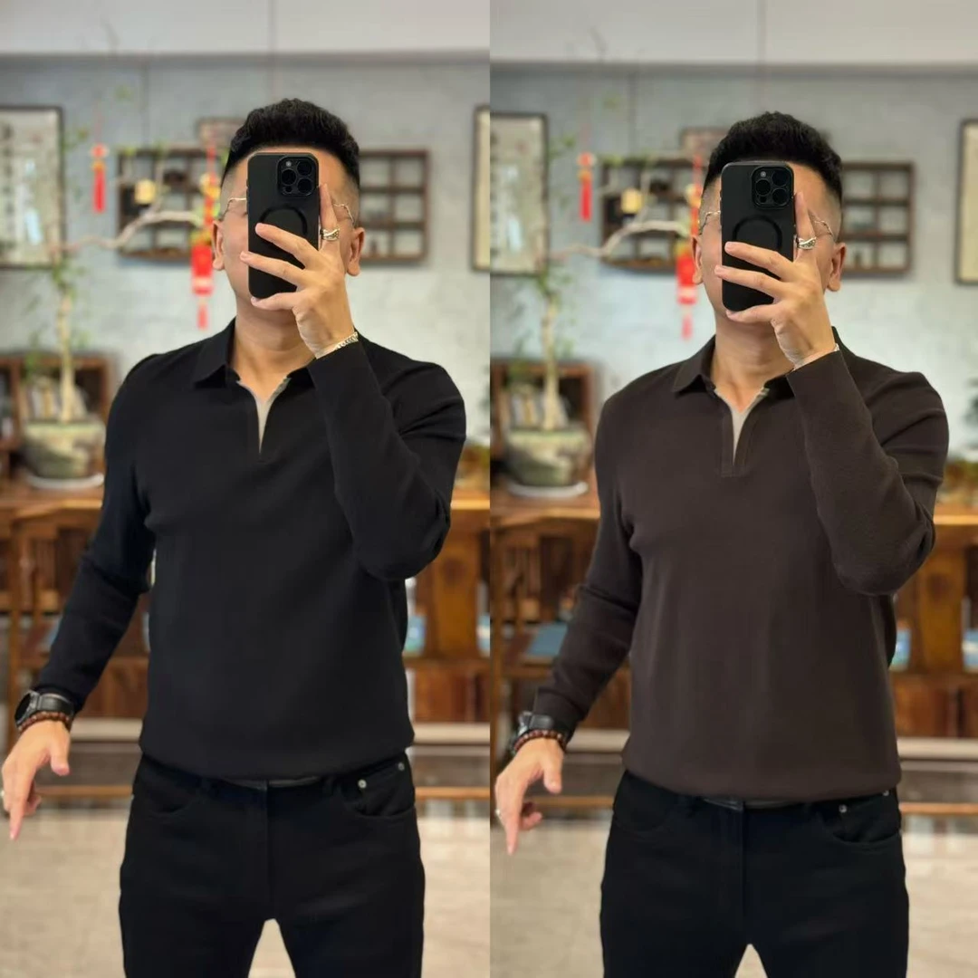 9593欧货秋季轻奢简约海鸥领高弹力长袖男士针织衫