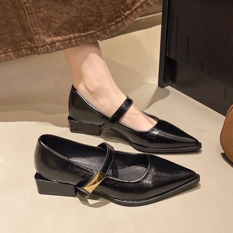尖头气质金属百搭一字带高跟气质玛丽珍鞋浅口方跟法式通勤单鞋女