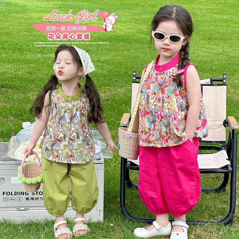 小女孩套装夏季碎花洋气无袖印花甜美小童两件套时髦透气凉快夏款