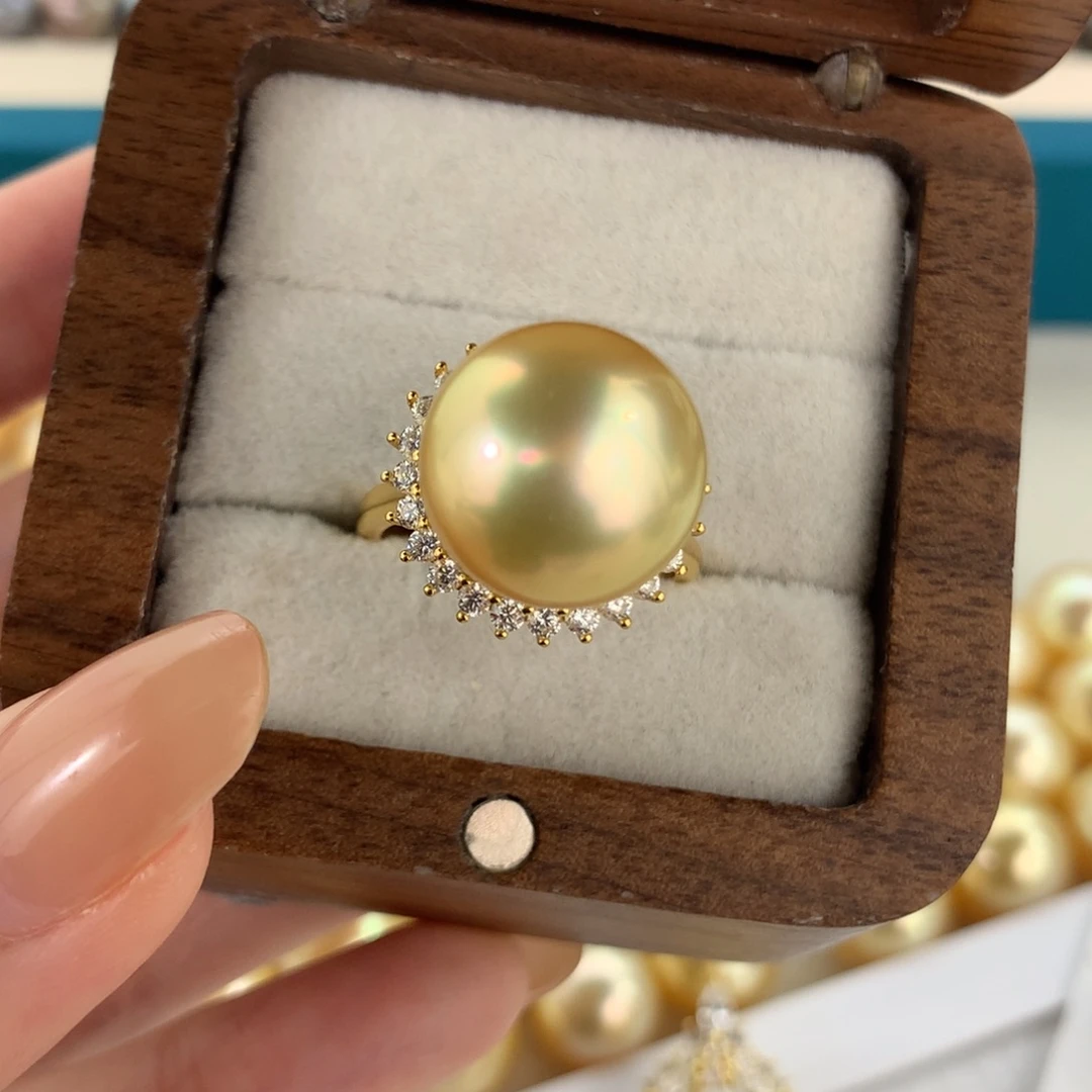 定制海水珍珠银S925镶嵌戒指/指环南洋金珠13.2mm款后无瑕