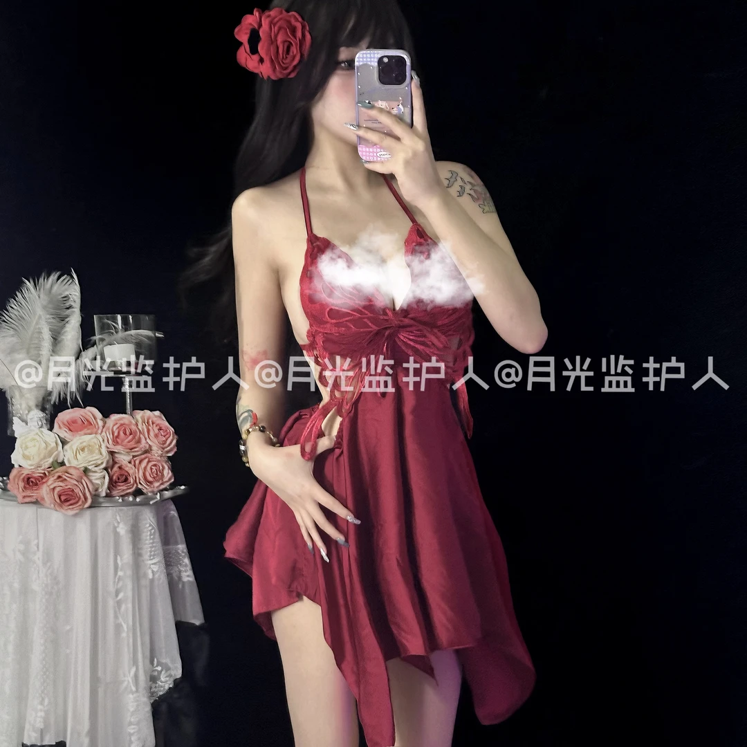 纯欲挂脖女深V系带蝴蝶禁欲系吊带连衣裙