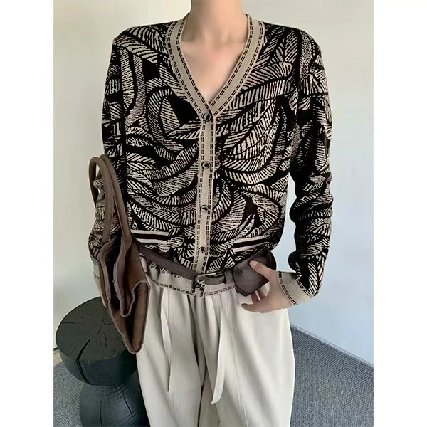 胸114-160长60树叶纹V领单排扣老钱气质长袖针织开衫 3980