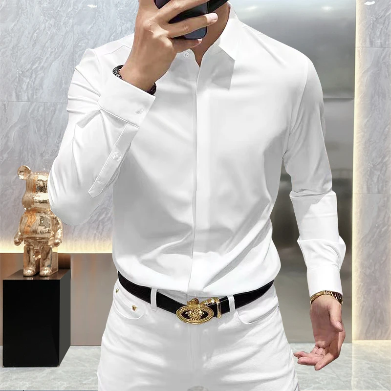 轻奢高级感暗门襟纯色白衬衫长袖免烫抗皱修身商务休闲弹力衬衣