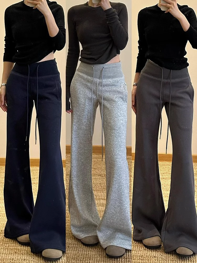 宏烯家 微喇叭卫裤春秋 高腰显瘦抽绳绑带裤子休闲宽松