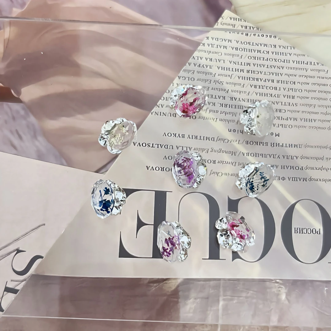 【干花透底8×12痩蛋堆钻】无底托冰透美甲款式天然干花成品美甲钻