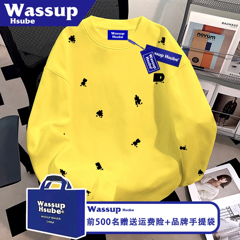WASSUP HSUBE秋冬100%纯棉趣味风上衣ins图案印花T恤男女黄色长袖