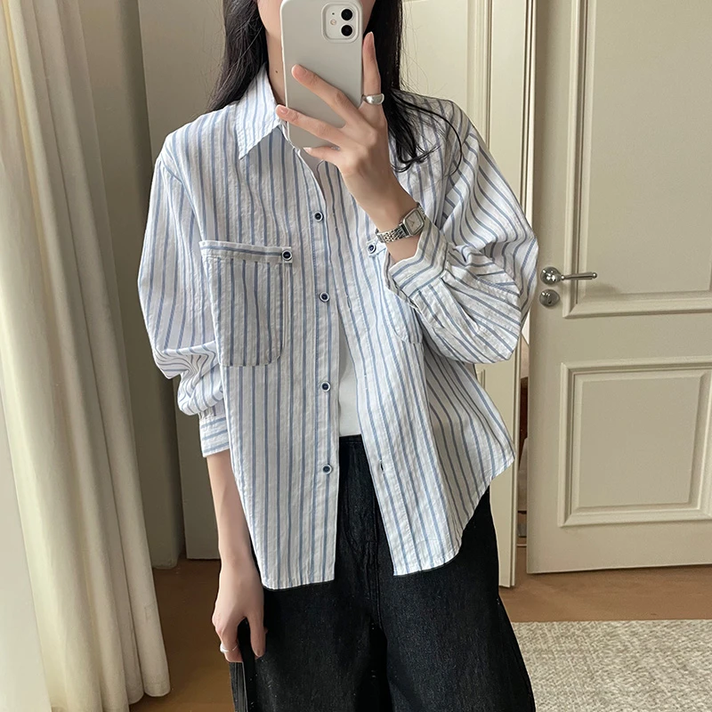 夏季新款时尚气质条纹衬衫上衣女韩版宽松百搭显瘦防嗮衬衣