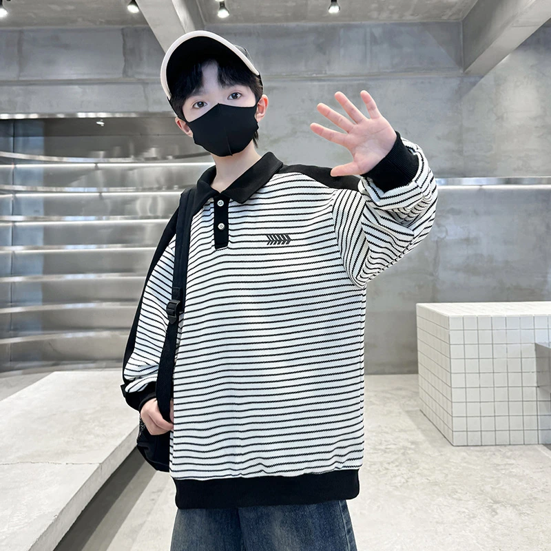 男童春装条纹Polo衫长袖卫衣2025新款中大童春季男孩休闲炸街上衣