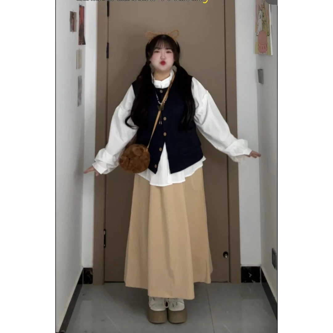 秋冬新款大码女装时尚套装微胖mm巨显瘦遮肉衬衫马甲半身裙三件套