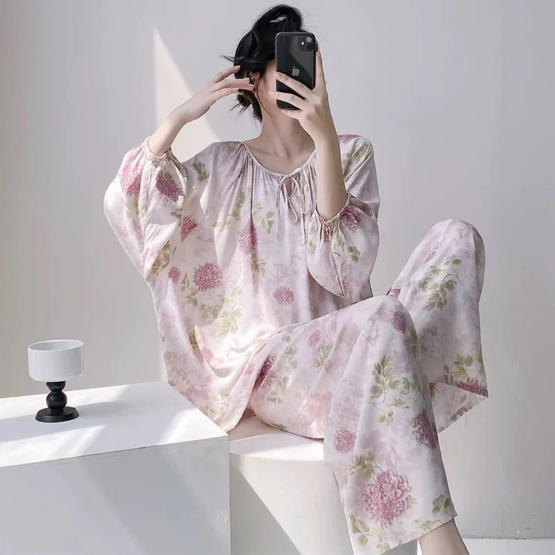 中国风棉绸睡衣套装春夏季长袖长裤薄款防蚊防晒空调服显瘦家居服