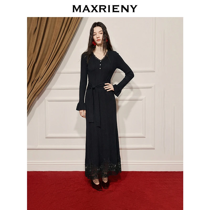 【商场同款】MAXRIENY系带收腰连衣裙冬日千金感穿搭约会小黑裙