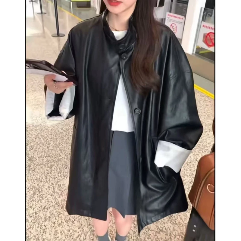 早秋韩系复古条纹袖子设计显瘦慵懒超柔软宽松皮衣外套胖mm大码