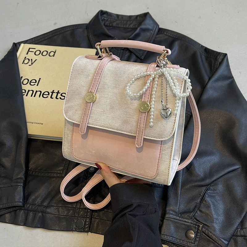 2025新款女士复古撞色旅行通勤双肩包休闲韩版学院风单肩手提包TT