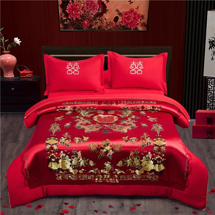 新款婚庆绸缎大豆被结婚婚被婚房喜被百子被轻盈透气磨毛大红色