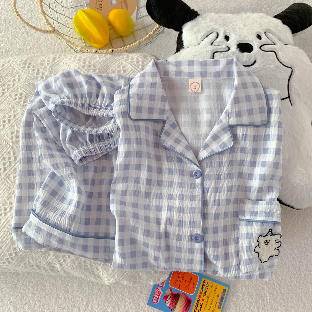 新款夏季睡衣女云朵棉蓝格小狗短袖短裤甜美卡通可爱开衫家居服