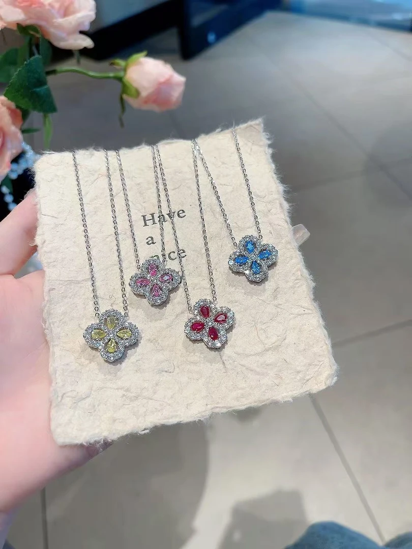 坠链均925银锆石 纯银彩锆镂空四叶草项链女轻奢时尚银饰