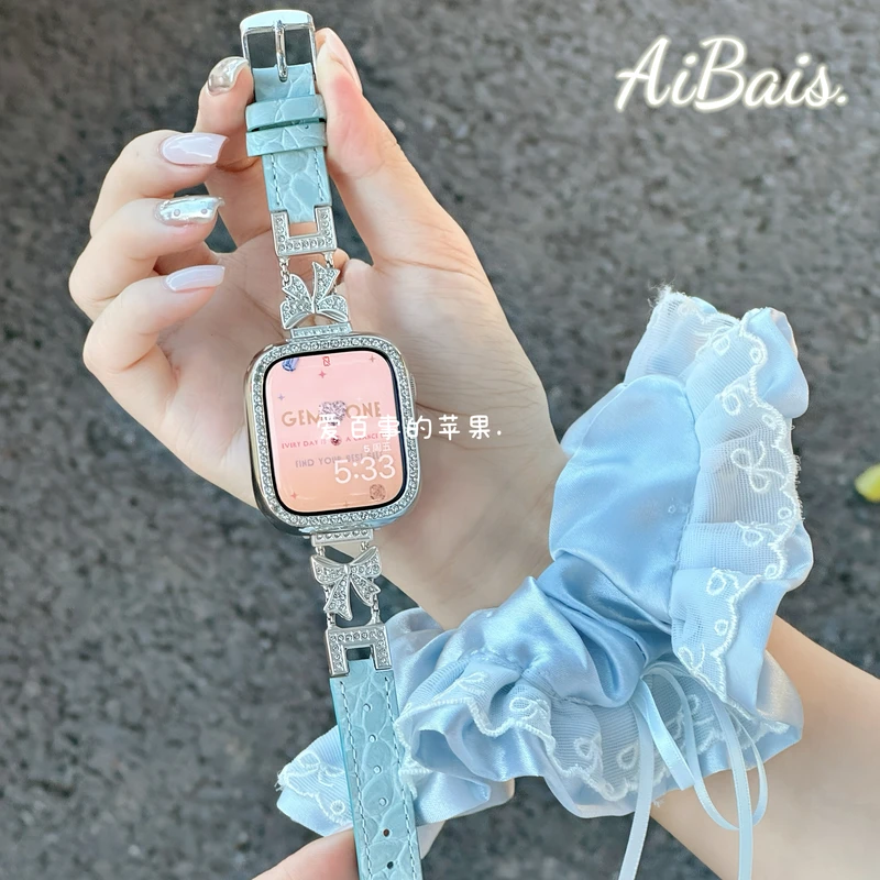 《蝴蝶结鳄鱼纹》皮质适用iwatchs11苹果手表10表带applewatch9女8