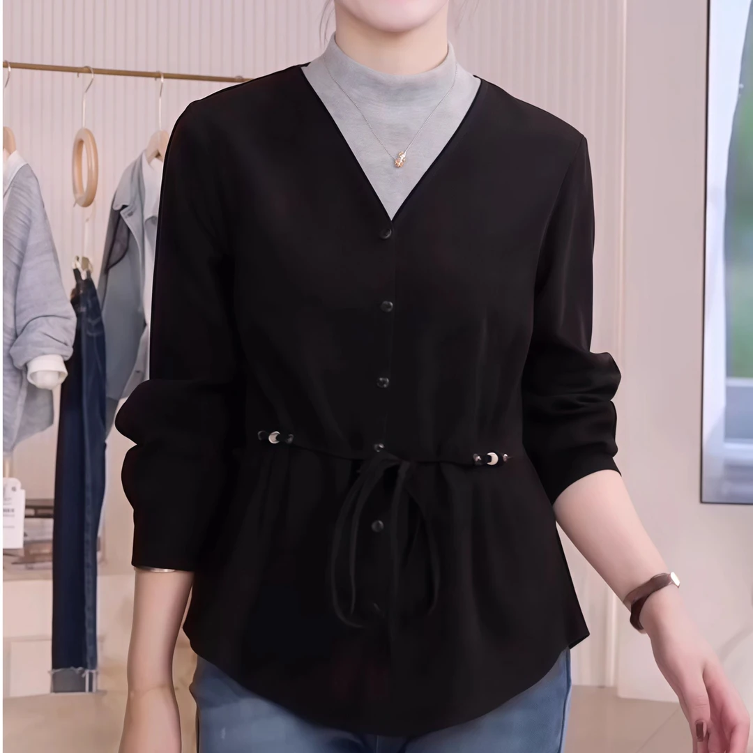时尚洋气假两件撞色衬衫新款轻熟风气质百搭系带收腰显瘦上衣1733