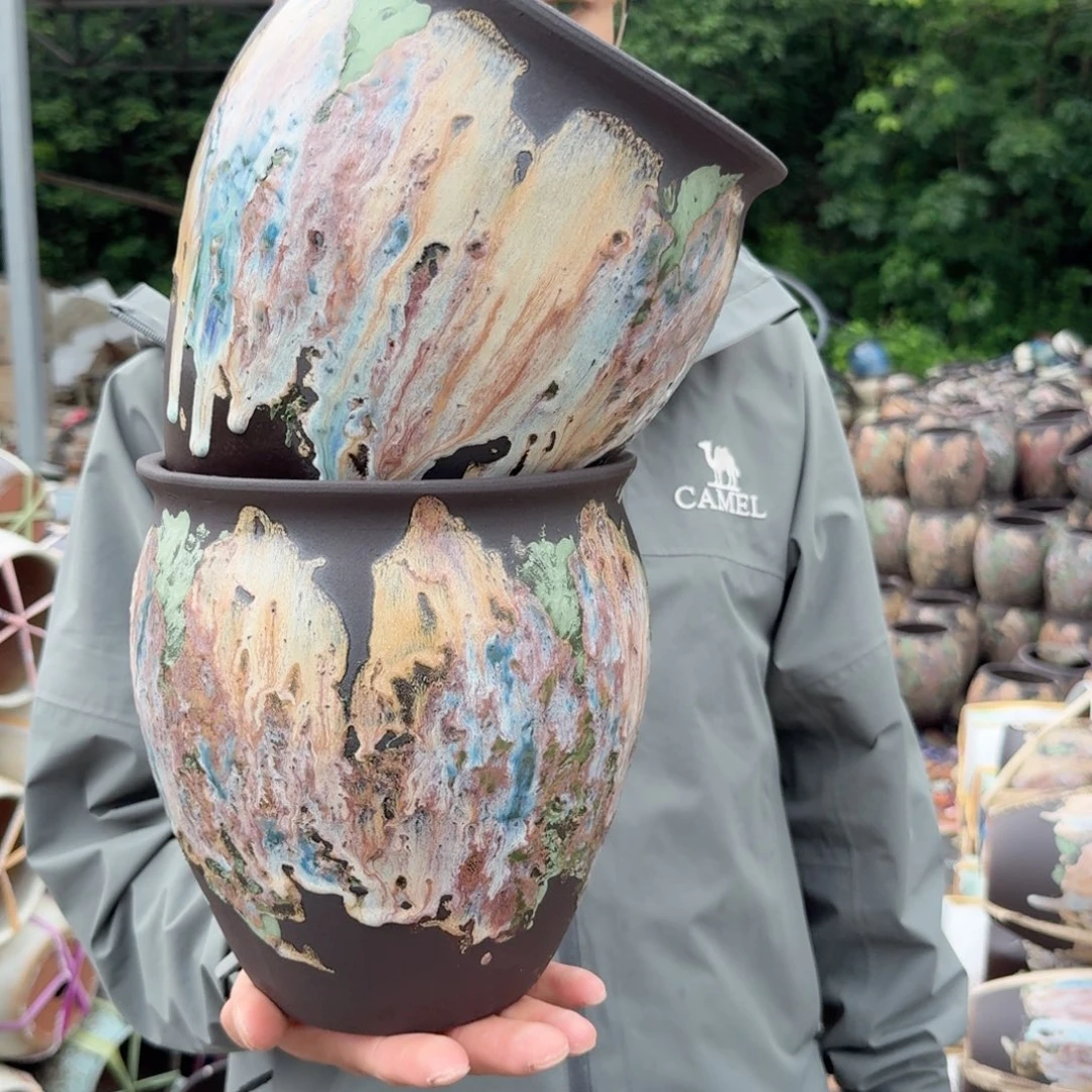 紫砂花盆口18高21（两个泼墨大号工艺品黑