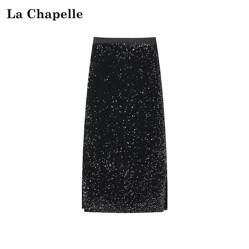 拉夏贝尔银色侧开叉亮片丝绒半身裙女高腰H型长裙春季新款高级