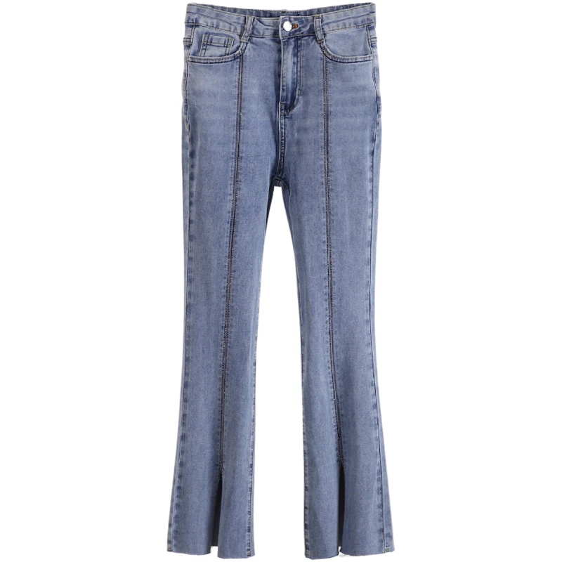 F1653-【飘】韩版气质修身开叉牛仔喇叭裤#YPL56Z016