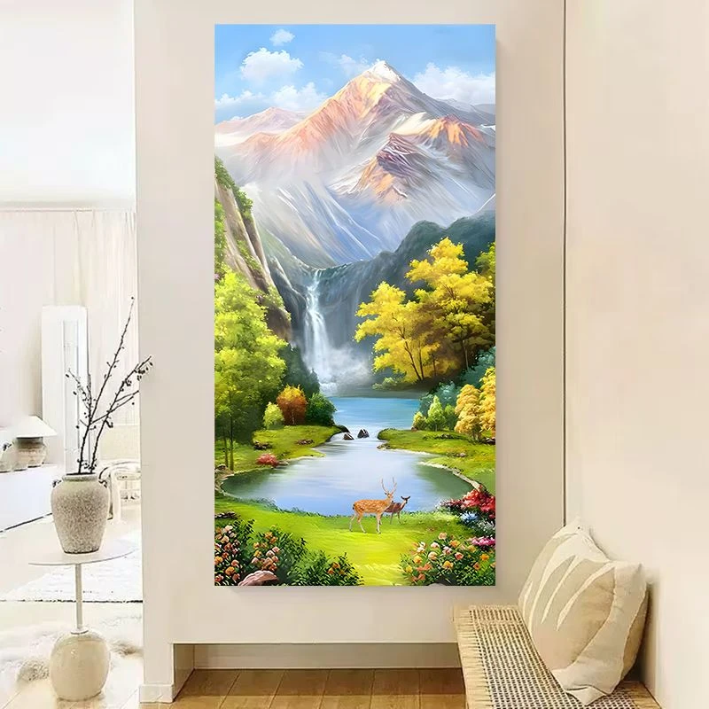 玄关山水贴画入户玄关装饰画欧式油画风走廊墙贴画