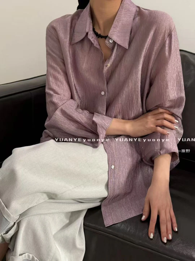 韩系简约肌理感光泽透视防晒衬衫女夏季新款珠光开衫外套