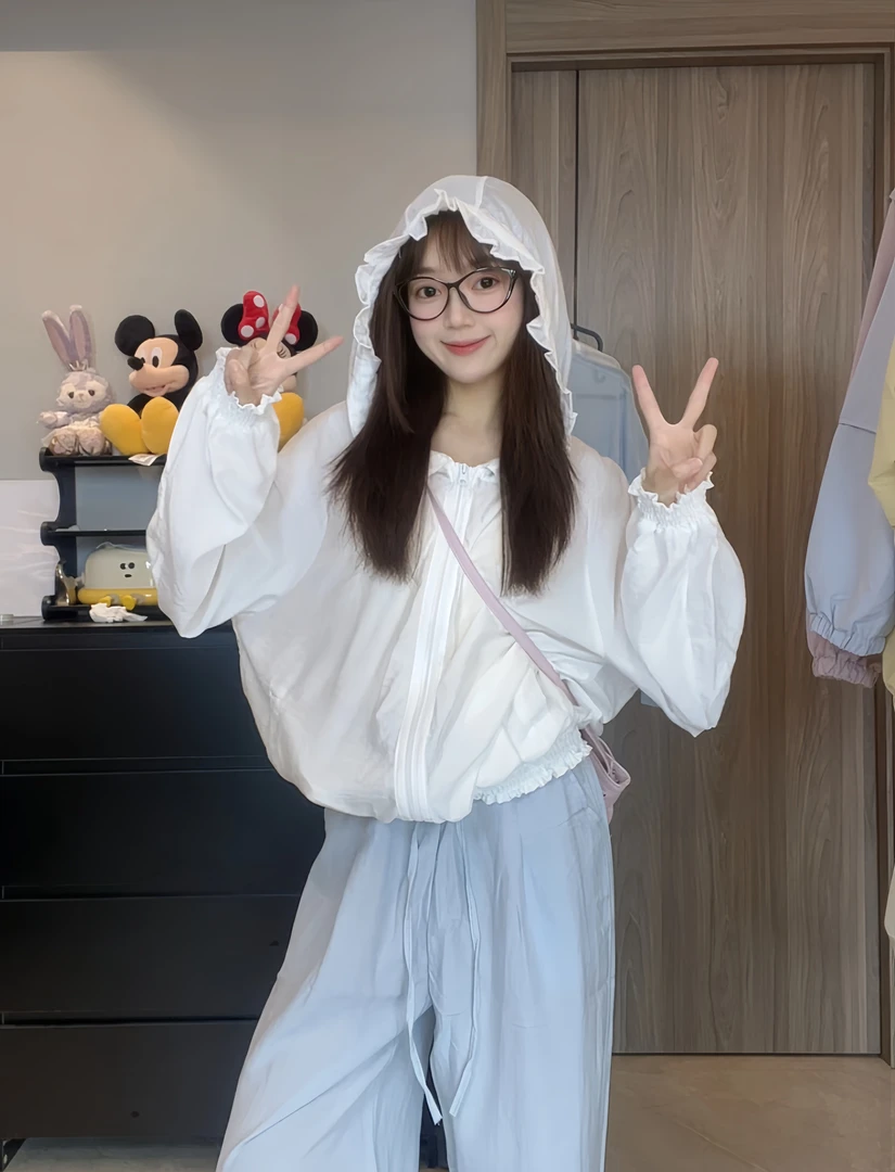 2523爆爆米专属韩系连帽木耳花边轻薄防晒外套户外田园风显瘦宽松