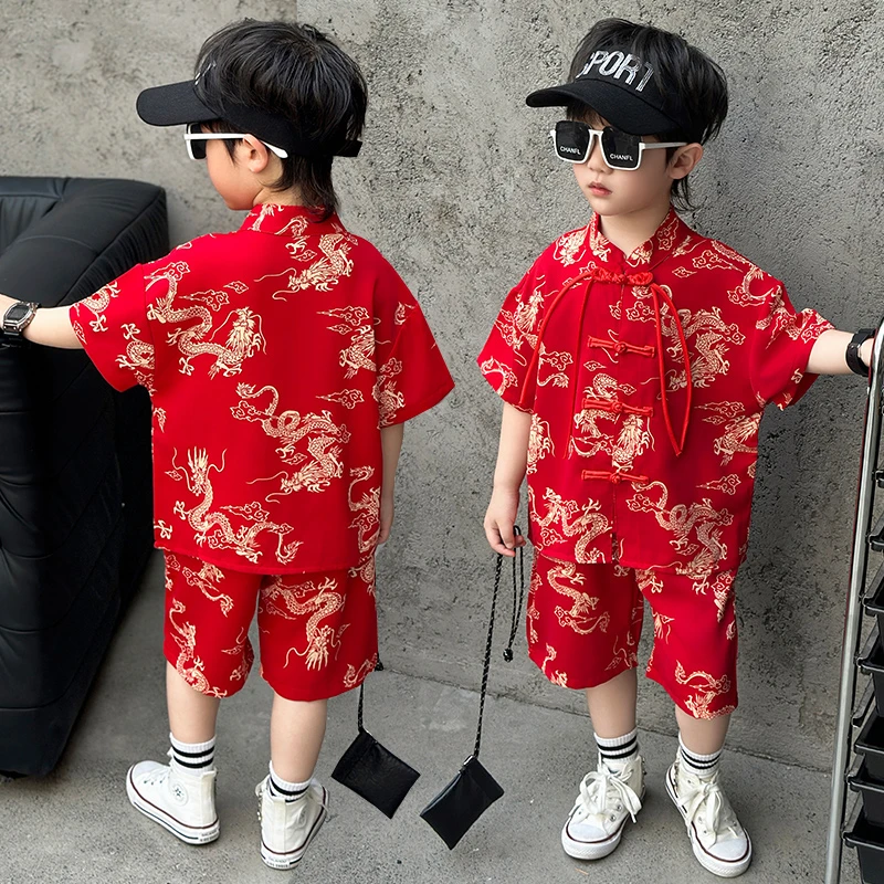 男童夏装汉服短袖套装2025新款帅气男孩中国风儿童红色新中式唐装