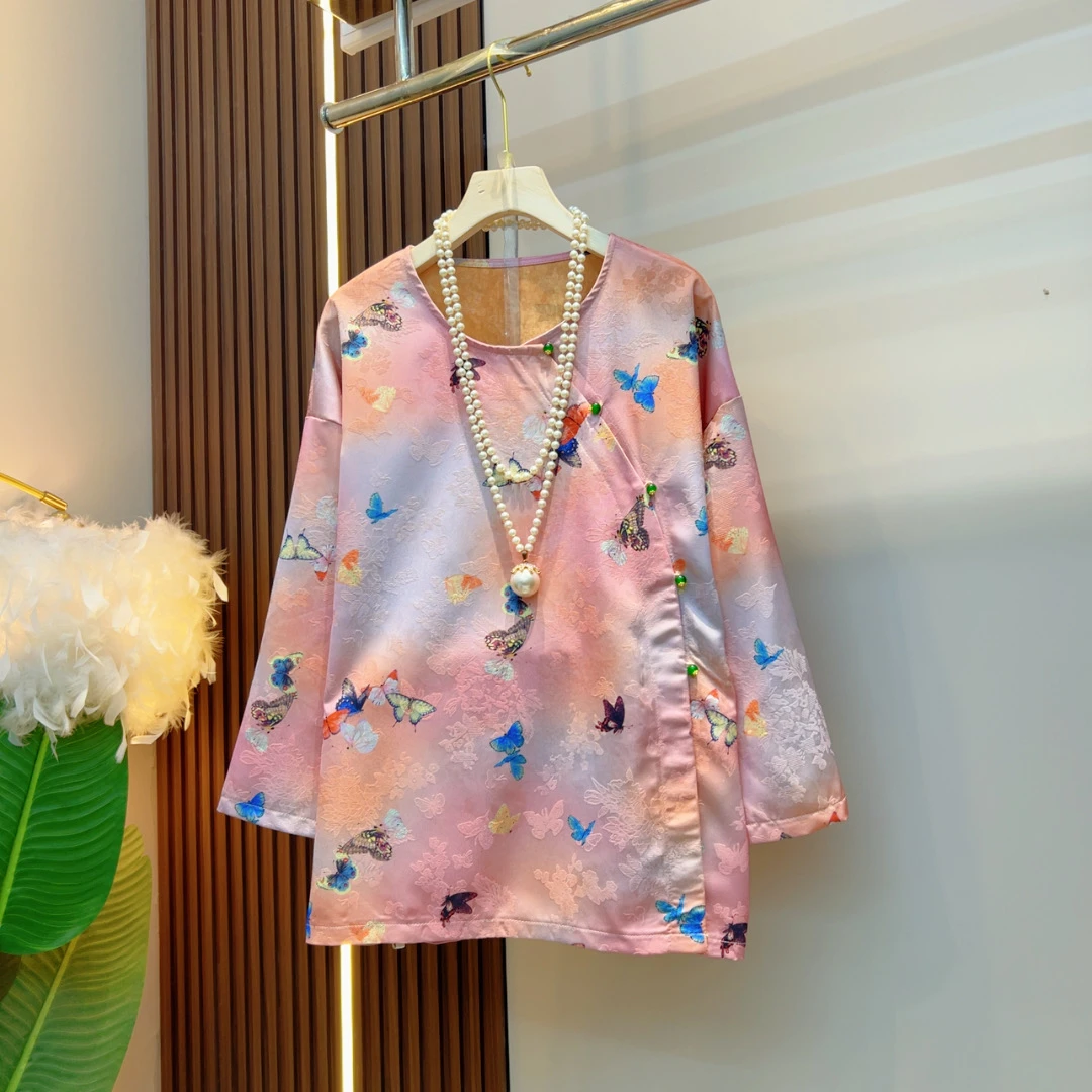 新中式扎染时尚雪纺衫中国风夏季印花女装国风2670