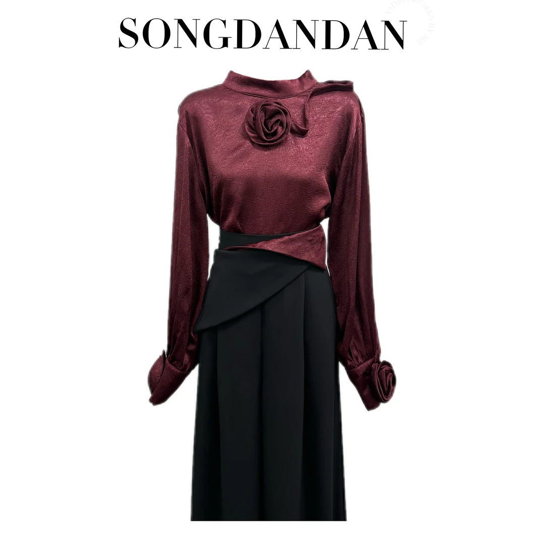 【DDS】春季新款气质百搭时尚胸花高定圆领黑色小众长袖衬衣衬衫