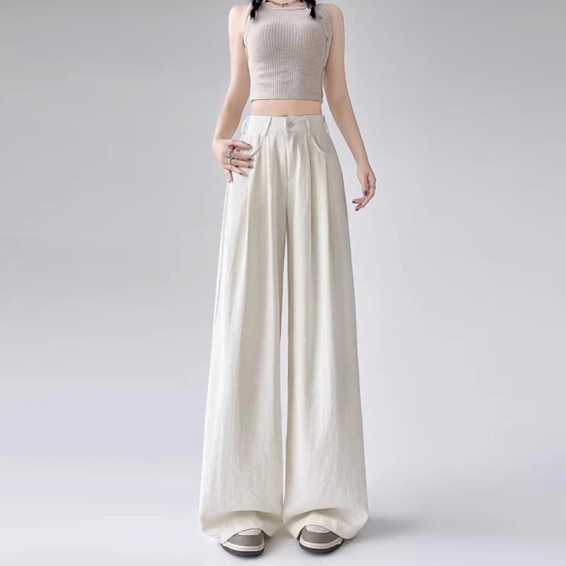 薄款奶芙阔腿裤女胖mm宽松遮胯显瘦梨型身材高腰慵懒风垂感休闲裤